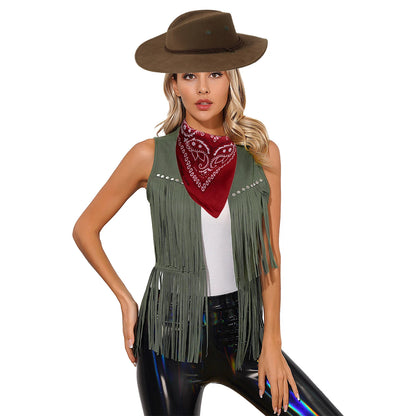 Gilet de cowboy pour femme, costume de cosplay, en faux daim, avec pompons et rivets, pour Halloween, avec bandana