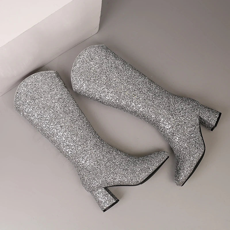 Grainy Sequin Women's Tall Boots Bling Sung Fit Knee High Boots 6.5cm Heels Comfy 2024 Winter Shoes