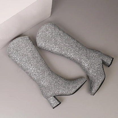 Grainy Sequin Women's Tall Boots Bling Sung Fit Knee High Boots 6.5cm Heels Comfy 2024 Winter Shoes