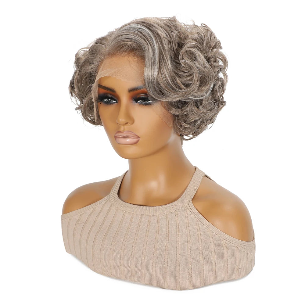 10 Inch Short Curly Wavy Blonde Black Grey Synthetic Wig for Women Natural Look T-Part Lace Front Hair Replacement