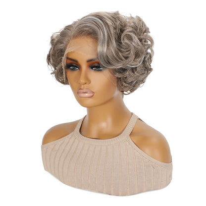 10 Inch Short Curly Wavy Blonde Black Grey Synthetic Wig for Women Natural Look T-Part Lace Front Hair Replacement