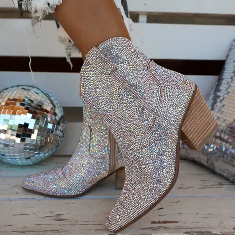 Western Cowboy Boots Fashion Women Ankle Boots Glitter Bling Shiny Trend High Heels High Quality Shoes
