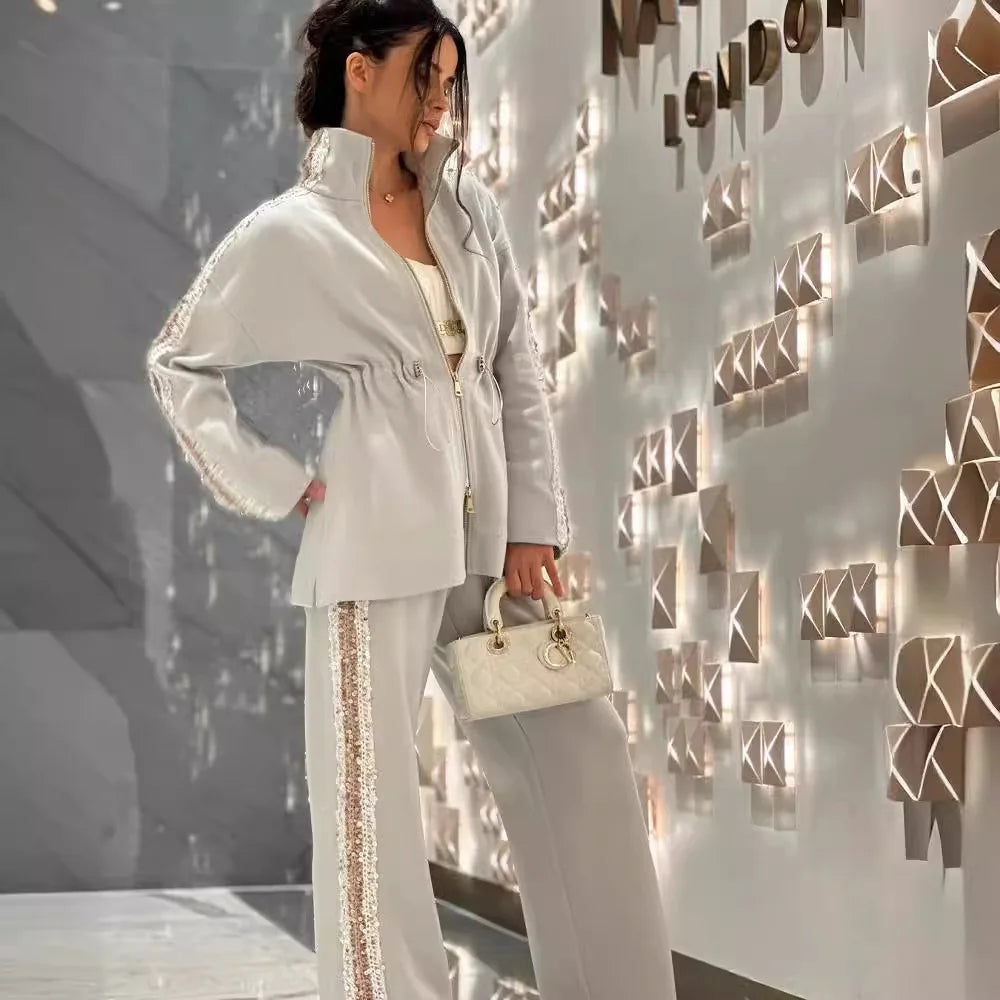 Ensemble deux pièces pour femme, mode automne-hiver, patchwork, paillettes, manches longues contrastées, fermeture éclair, manteau, pantalon large décontracté