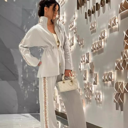 Ensemble deux pièces pour femme, mode automne-hiver, patchwork, paillettes, manches longues contrastées, fermeture éclair, manteau, pantalon large décontracté