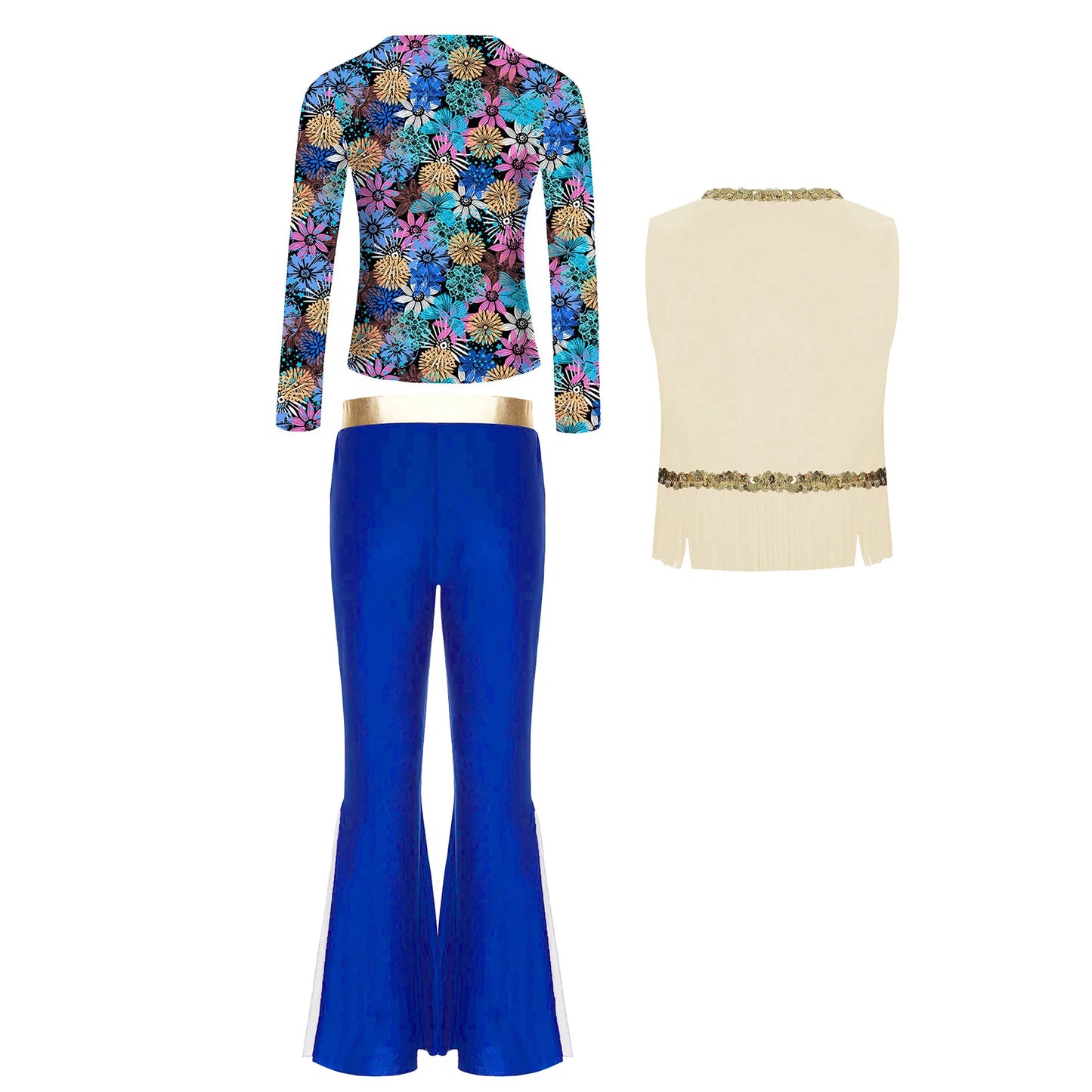 Girls Halloween Disco Hippie Western Cowgirl Carnival Cosplay Costume Printed Shirt Tops with Tassels Vest And Flared Pants Set