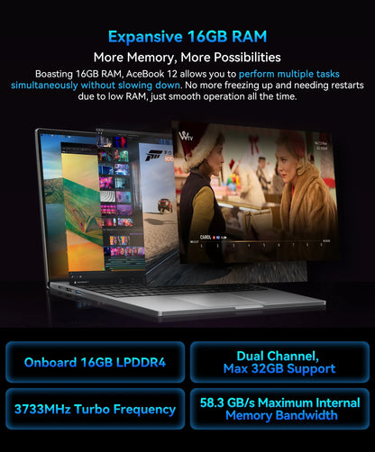 Ordinateur portable Blackview AceBook 12 Win 11 16'' FHD IPS, Intel I5-1030NG7, 16 Go de RAM, 512 Go de SSD, bouton d'alimentation 2 en 1 avec empreinte numérique