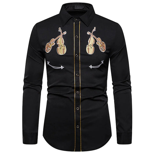 Chemise de style occidental pour hommes, motif d'instrument de musique, imprimé bouton à manches longues de rue, vêtements de sport de rue à la mode