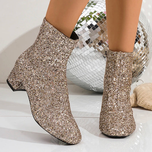 Fashion Gold Sequin Ankle Boots Women 2025 Large Size Zipper Chunky Heel Boots Woman Streertear Shiny Short Booties Mujer 36-43