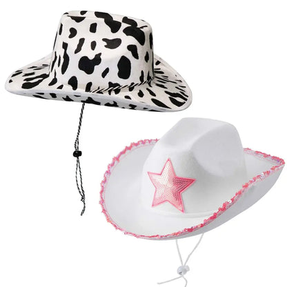 White Cowgirl Hats Pink Star Cow Girl Hat with Sequin Trim Fringe Adjustable Neck Draw String Adult Cowboy Hat for Costume Party
