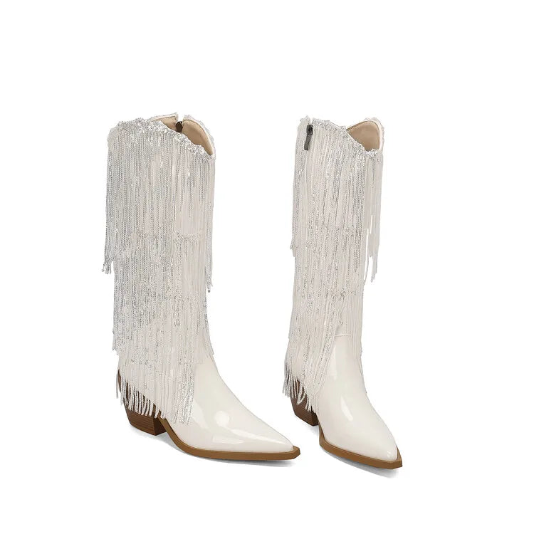Bottes western à sequins et pompons, noires et argentées, courtes, en peluche, automne/hiver, talon de 6,5 cm, style bohème, hauteur genou, pointures 36 a 46.