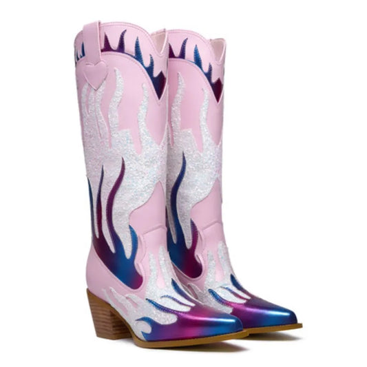 Women's Metallic Western Boots with Pointed Toe, Mid-calf To Knee-high Height, Sparkly and Colorful Design. Stylish Cowgirl Look
