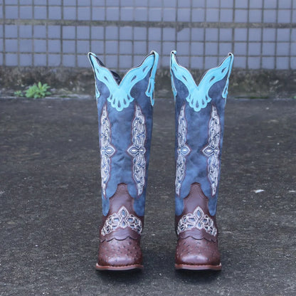 Leather Embroider Western Cowboy Retro Cowgirl Boots Low Heels Knee High Boots Female Footwea
