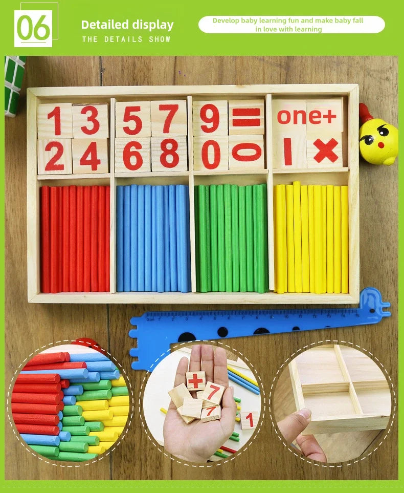 Children's math teaching aids, counting sticks, arithmetic learning box, wooden educational toys, Montessori education