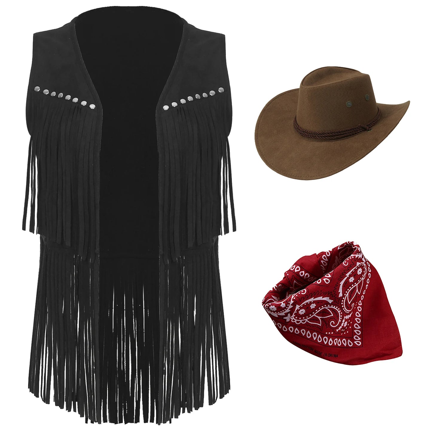 Gilet de cowboy pour femme, costume de cosplay, en faux daim, avec pompons et rivets, pour Halloween, avec bandana