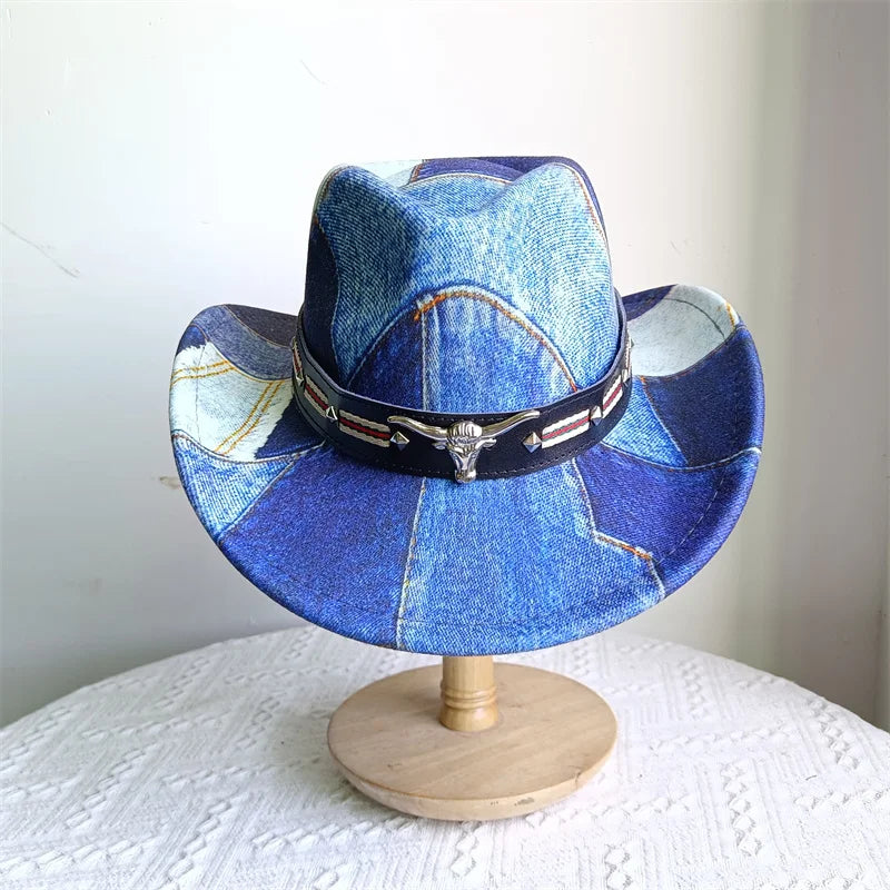 Chapeau de cowboy de style ethnique, tendance, chic, unisexe, couleur unie, avec décoration en forme de taureau, style western