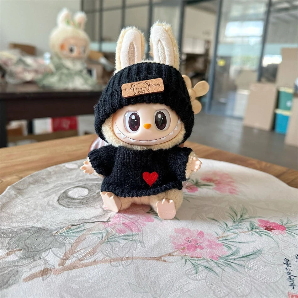 Cute Labubu Bunny Doll Accessories with Knitted Clothes Rabbit Ears Hat Heart Sweater for Toy Collectors Labubu Clothes
