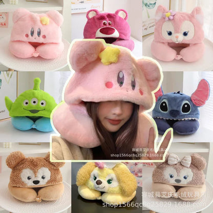 Cartoon plush Stitch Ling Nabelle U-shaped pillow with hooded neck pillow travel car plane office nap artifact girl gifts