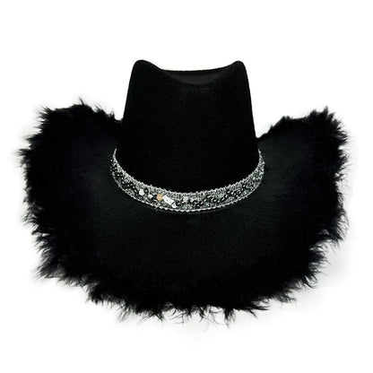 Pink Fur Brim Crown Cowboy Hat For Women'S Wide Brim Cowgirl Hat Bachelorette Party Carnival Western Headwear Cosplays Prop Caps