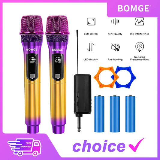 Professional 2 Channel DJ Karaoke Wireless Microphone System With Colorful purple mic Wireless Rechargable Receiver for Party DJ