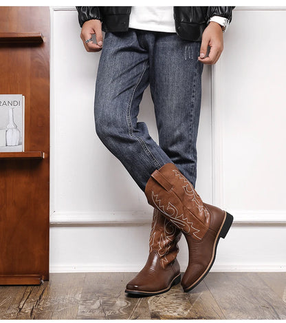 Men Boot 2024 Mid Calf Western Cowboy Motorcycle Boots Male Autumn Outdoor PU Leather Totem Med Heel Fashion Designed Men Boots