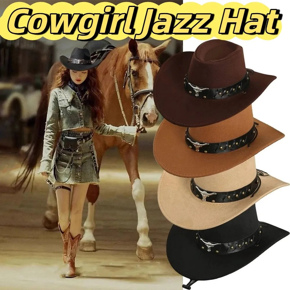 Chapeau de Cowboy occidental de Style ethnique Vintage, tête de vache à bord en rouleau, chapeau de Jazz en Polyester à large bord, chapeau de chevalier Cosplay
