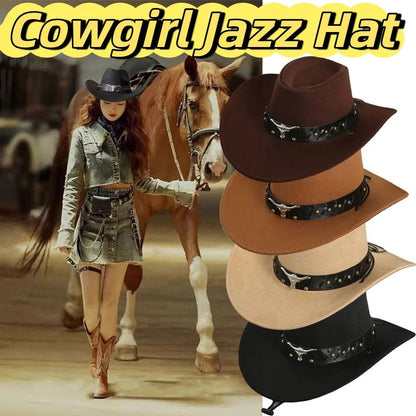 Chapeau de Cowboy occidental de Style ethnique Vintage, tête de vache à bord en rouleau, chapeau de Jazz en Polyester à large bord, chapeau de chevalier Cosplay