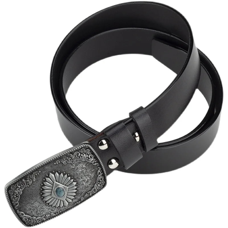Ceinture classique en cuir véritable avec boucle en émail saphir et motif floral sculpté en argent pour femmes et hommes, cadeau