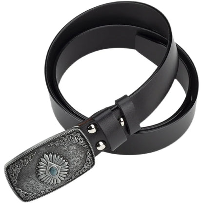 Ceinture classique en cuir véritable avec boucle en émail saphir et motif floral sculpté en argent pour femmes et hommes, cadeau