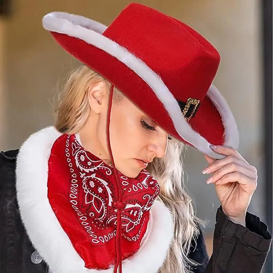 Chapeau de Cowboy de noël lumineux à la mode, chapeau de Jazz de Cowgirl à large bord en feutre occidental rouge pour femmes et hommes