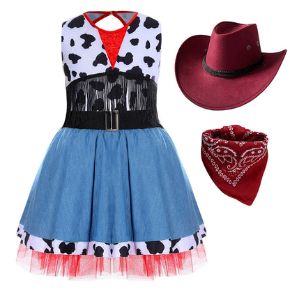 Costume de cow-girl western pour fille, 3 pièces, robe tutu à franges avec bandana et chapeau de cowboy