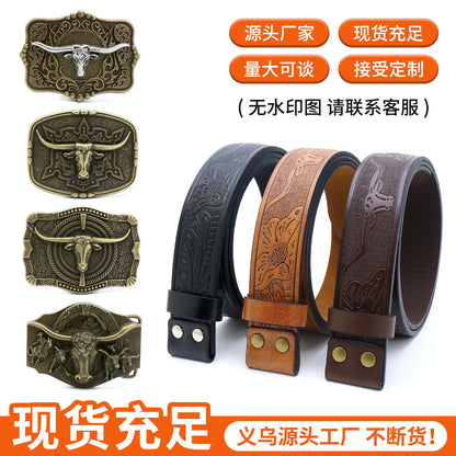 Ceinture ajustable en cuir style cowboy western, style punk, estampage en alliage, boucle de ceinture rétro américaine pour homme, accessoire de mode