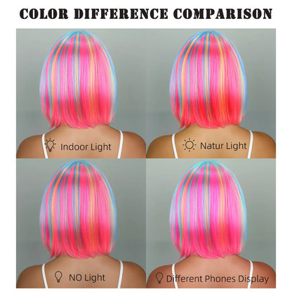 Perruque synthétique multicolore arc-en-ciel pour fêtes quotidiennes, perruque cosplay Halloween, perruque coiffure bob, couvre-chef