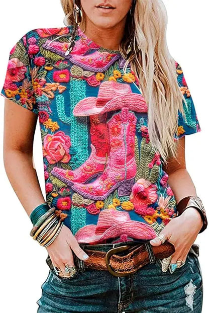 Bohemian Western Cowgirl Shirt: Vintage Western Rodeo Pattern T-Shirt Cowgirl 3D Digital Print Short Sleeve Top