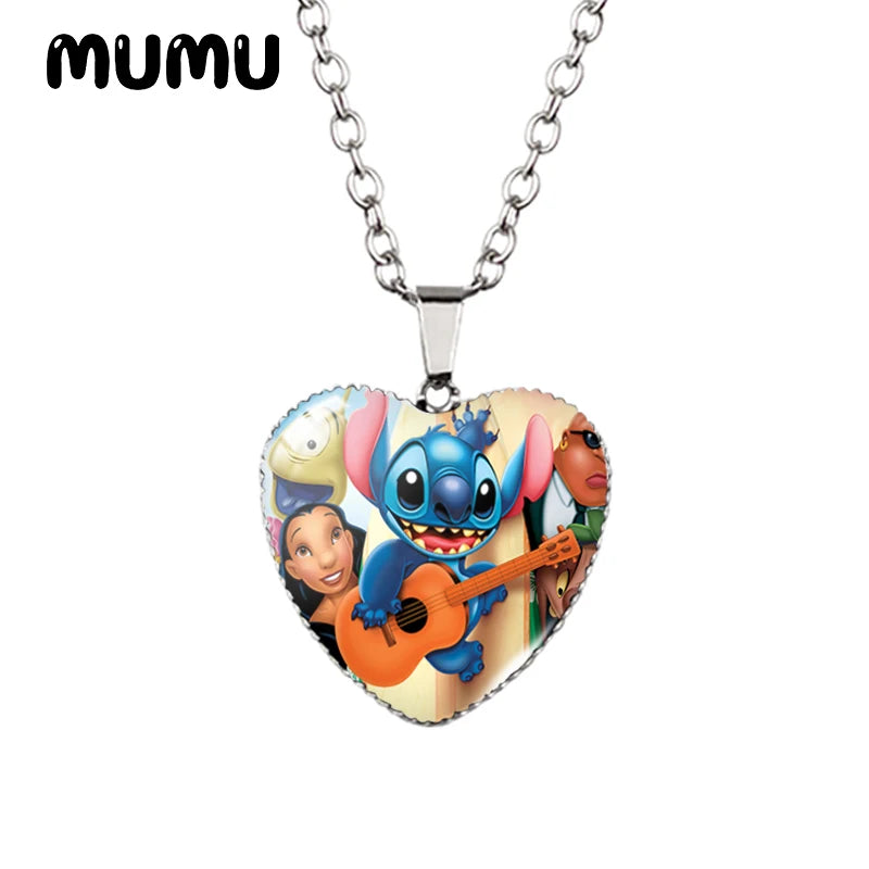 Collier Lilo Stitchou Angle Heart en verre imprimé avec pendentif photo, bijoux faits à la main, cadeaux pour enfants, nouveauté 2024