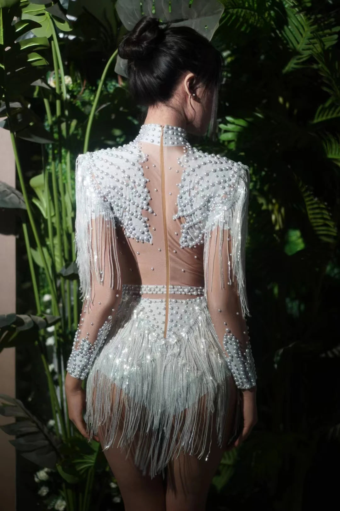 Body élastique à paillettes dorées et argentées avec pompons pour danse latine, tenue de scène, discothèque, DJ, chanteur, Q025Body élastique à paillettes dorées et argentées avec pompons pour danse latine, tenue de scène, discothèque, DJ, chanteur, Q025