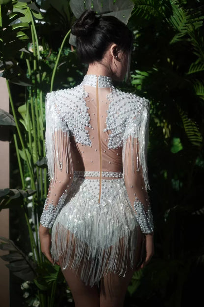 Body élastique à paillettes dorées et argentées avec pompons pour danse latine, tenue de scène, discothèque, DJ, chanteur, Q025Body élastique à paillettes dorées et argentées avec pompons pour danse latine, tenue de scène, discothèque, DJ, chanteur, Q025