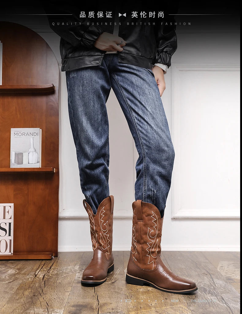 Men Boot 2024 Mid Calf Western Cowboy Motorcycle Boots Male Autumn Outdoor PU Leather Totem Med Heel Fashion Designed Men Boots