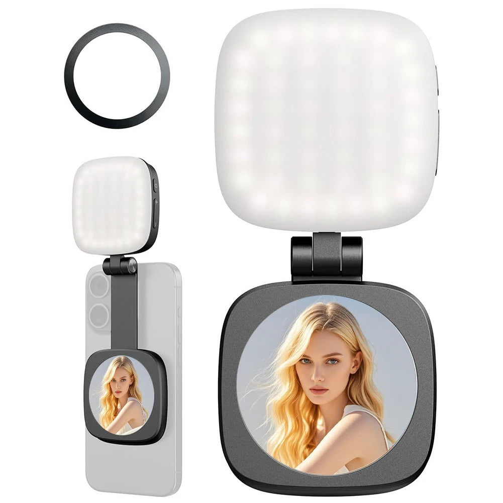 Magnetic Phone Selfie Light Mobile Phone Fill Light with Mirror Folding LED Phone Fill Light Rechargeable for Makeup Photography