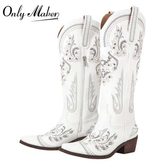 Bottes de cowboy blanches brodées Onlymaker pour femmes, à talon bloc, bout pointu, ornées de cristaux, style cowgirl.