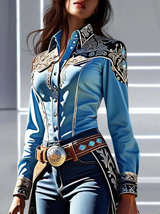 Elegant Chic Women Tops Western Print Shirt Collar Buttons Long Sleeve Blouse Patchwork Slim Waist Office Lady Shirts Blouses