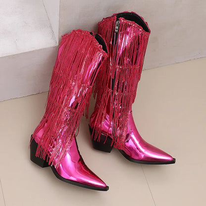 Bottes western à sequins et pompons, noires et argentées, courtes, en peluche, automne/hiver, talon de 6,5 cm, style bohème, hauteur genou, pointures 36 a 46.