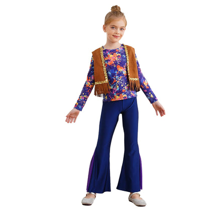 Girls Halloween Disco Hippie Western Cowgirl Carnival Cosplay Costume Printed Shirt Tops with Tassels Vest And Flared Pants Set