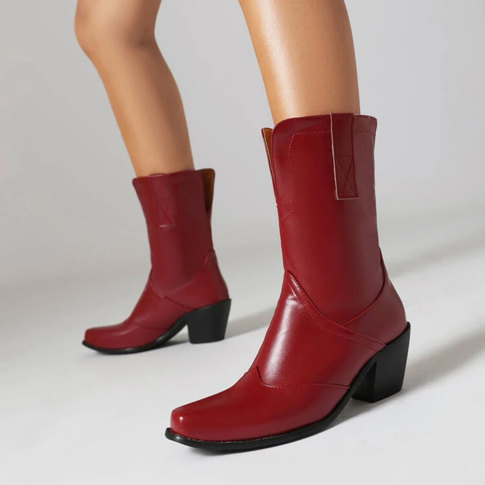 Bottes de cowboy western rétro noires mi-mollet pour femmes, talons hauts épais, chaussures gothiques, grandes tailles 34-48 777-11