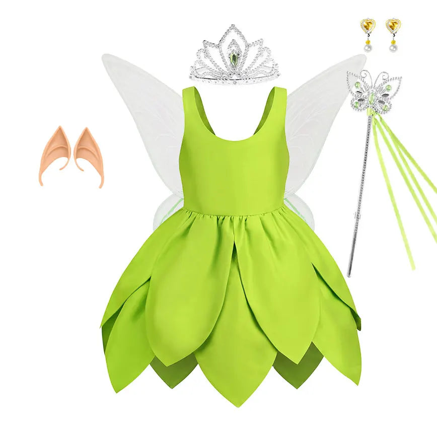 2024 Baby Girls Fairy Miss Tinker Dress Suspenders Frock Elves Cosplay Halloween Costume Child Pixie Elf Carnival Clothing Robes