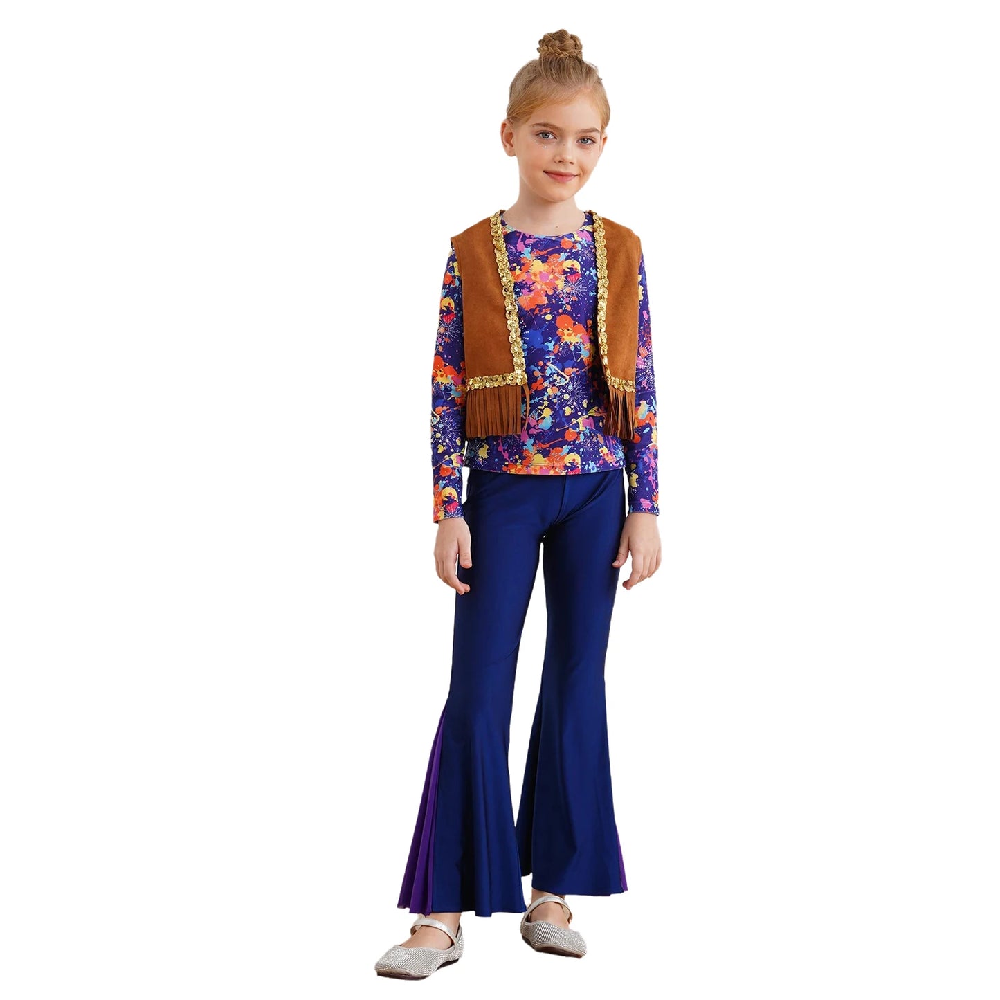 Girls Halloween Disco Hippie Western Cowgirl Carnival Cosplay Costume Printed Shirt Tops with Tassels Vest And Flared Pants Set