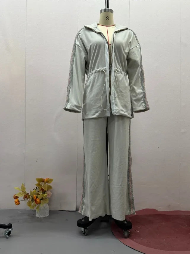 Ensemble deux pièces pour femme, mode automne-hiver, patchwork, paillettes, manches longues contrastées, fermeture éclair, manteau, pantalon large décontracté