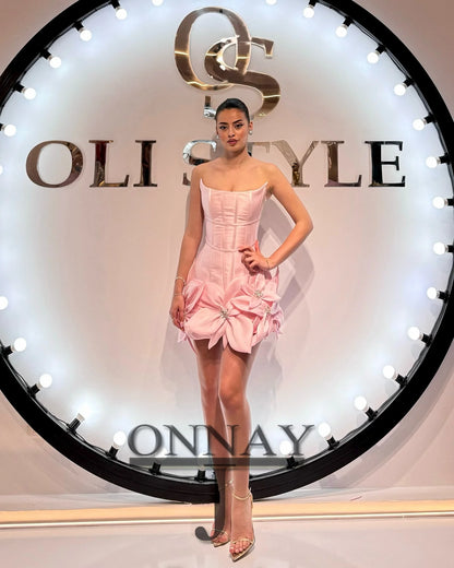 Robe de cocktail courte en satin rose à fleurs, sur mesure, pour occasions spéciales, en perles, style arabe saoudien