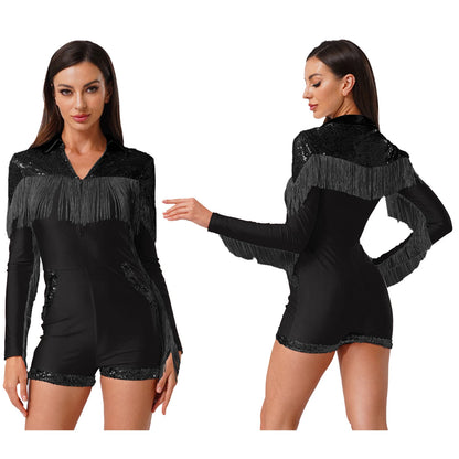 Womens Sequins Western Cowgirl Cosplay Costume Tassel Fringe Boyshorts Rompers 70s 80s Disco Bodysuit Front Zip Playsuit