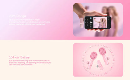 Pink Wireless Lavalier Lapel Microphone for iPhone iPad Vlogging Video Recording Mic for Live Interview Podcast Mic for Girl