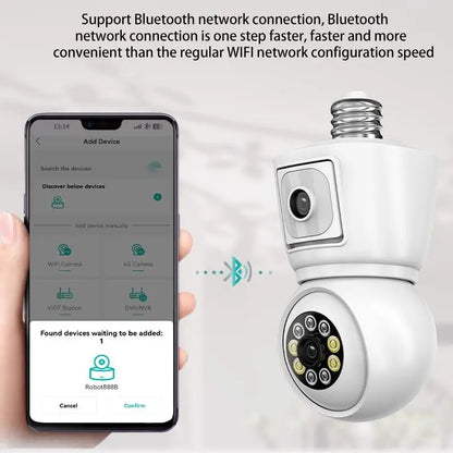 8MP E27 Bulb WiFi Camera 4K Dual Lens Dual Screen Cam Auto Tracking Two Way Audio Night Vision CCTV Security Protection ICSEE